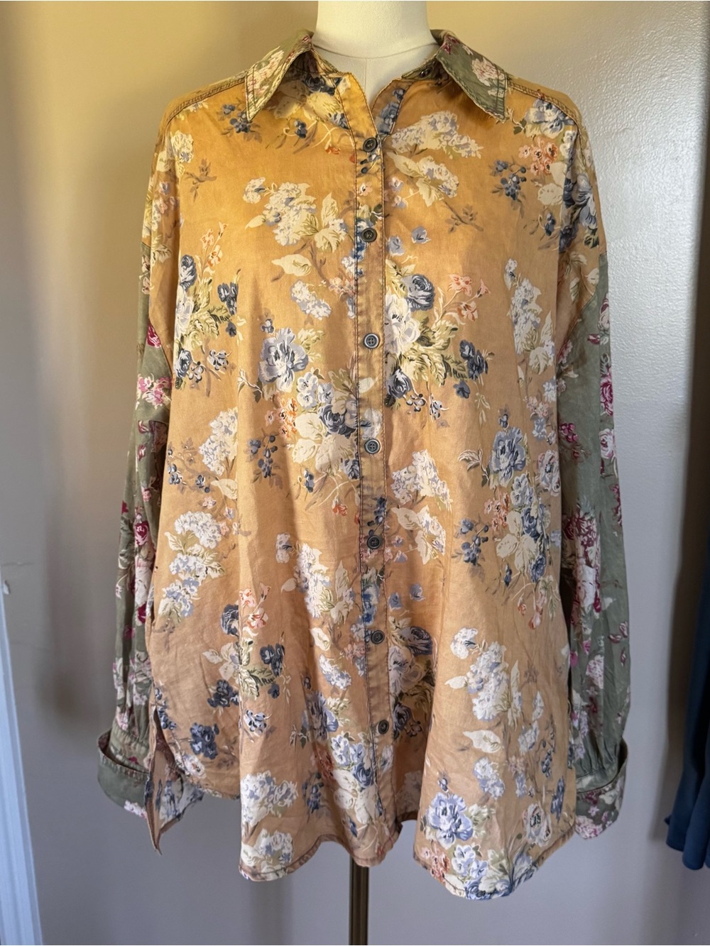 Blue Velvet Floral Two-Tone Button-Down Shirt in Mustard and Olive Romantic Boho